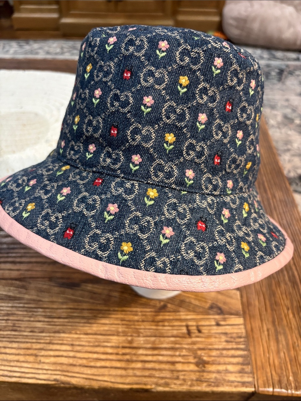 Gucci Women’s Denim Bucket Hat with Multicolor Floral Embroidery and Pink Trim